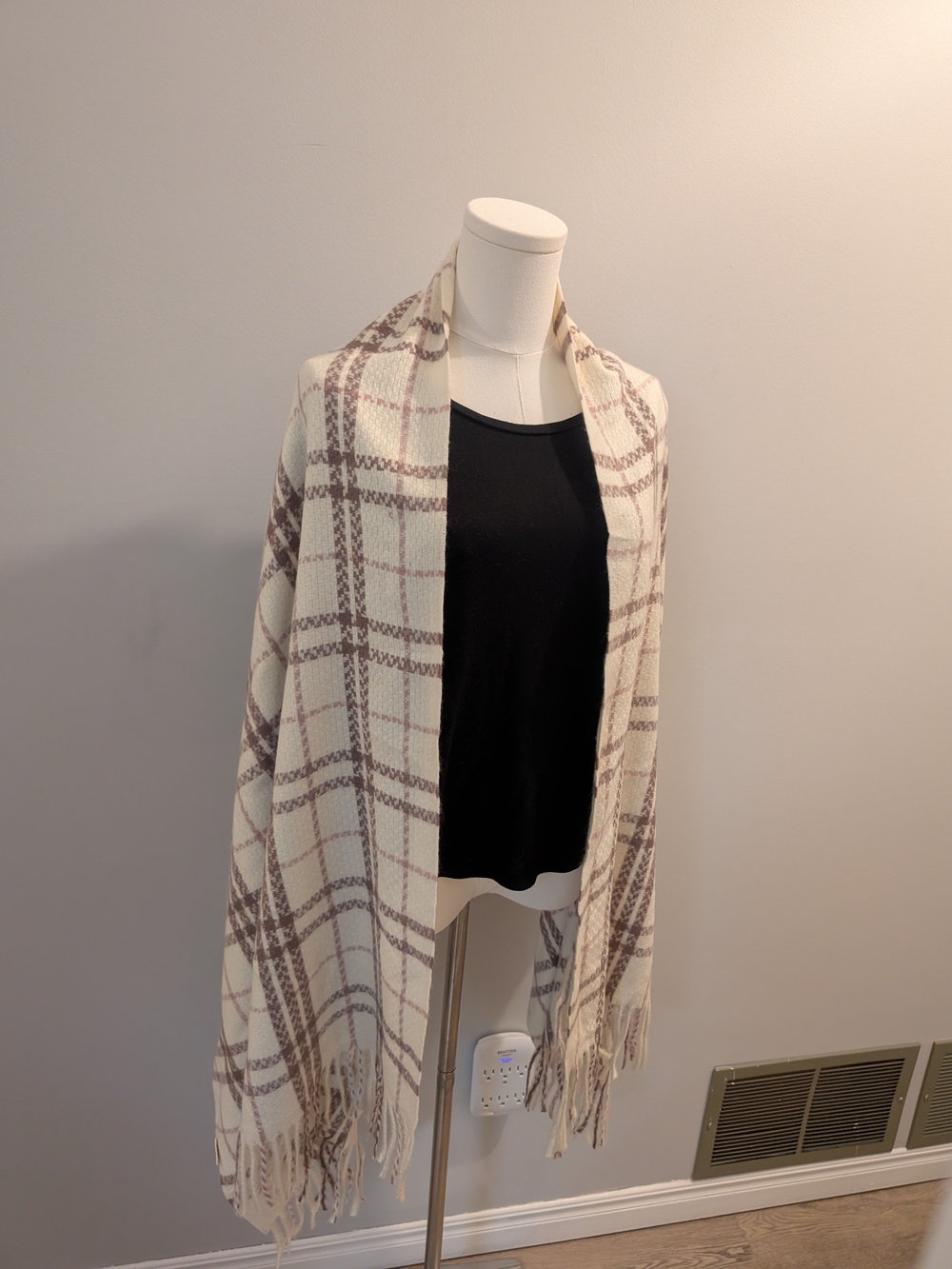 Cozy Plaid Fringe Wrap - Cream and Taupe